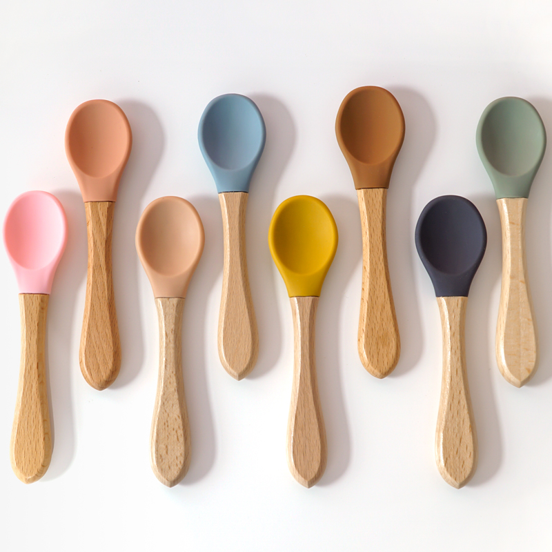 Baby Food Category - Feeding Wooden Handle Silicone Spoon For
